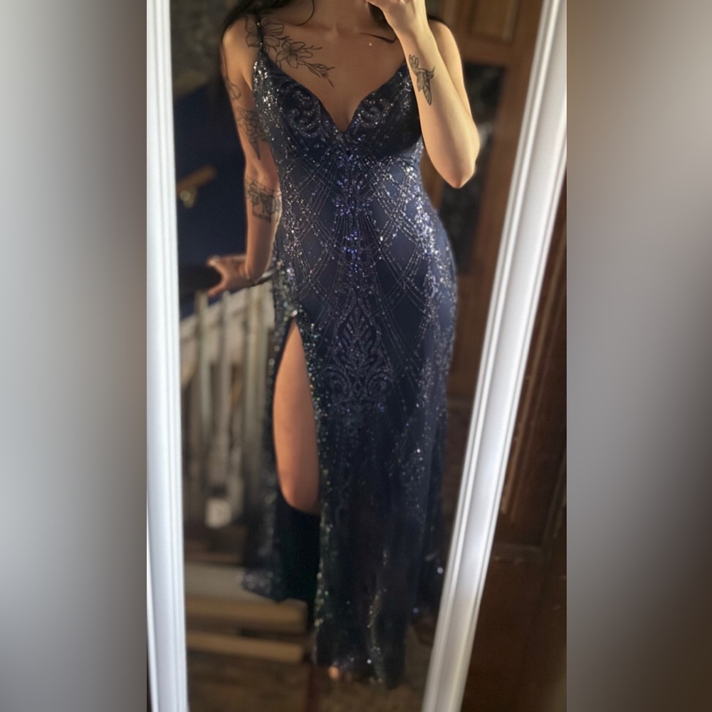 Mon Cheri Midnight Blue Sequin Dress